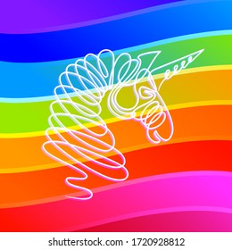 One line abstract Unicorn head on Rainbow stripes background. Animal illustration in minimalistic style. Vector single line art for emblem, icon, apparel print, mascot, textile, modern decor.