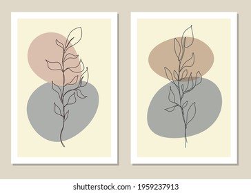 One line abstract wall art with botanical elements. Vector illustration.