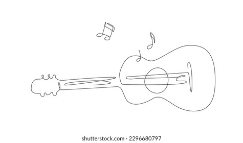 One line acoustic guitar illustration with notes. Music band instrument line art. steel guitar logo icons vector design. 