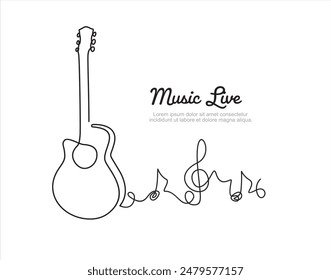 One line acoustic guitar illustration with notes. Music live. Music band instrument line art. steel guitar logo icons vector design.