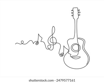 Una línea de ilustración de guitarra acústica con notas. Música en vivo. Banda de música línea de instrumentos de arte. Iconos de logotipo de guitarra de acero diseño de Vector.