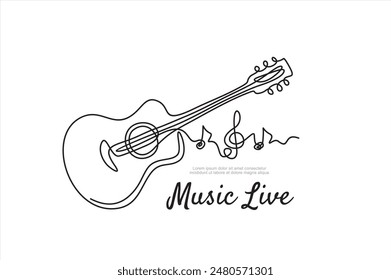 One line acoustic guitar illustration with notes. Music live. Music band instrument line art. steel guitar logo icons vector design.	