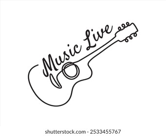 Uma linha de ilustração de guitarra acústica Música ao vivo. Music band instrumento linha arte. guitarra aço logotipo ícones vetor design.