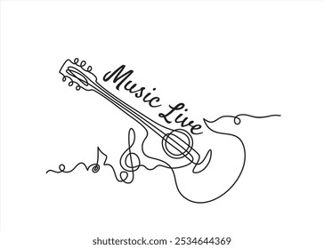 Uma linha de ilustração de guitarra acústica Música ao vivo. Music band instrumento linha arte. guitarra aço logotipo ícones vetor design.	