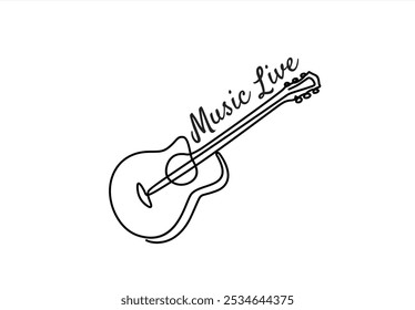 Uma linha de ilustração de guitarra acústica Música ao vivo. Music band instrumento linha arte. guitarra aço logotipo ícones vetor design.	