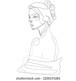 One line  aesthetic drawing beautiful woman and hair up looks over here shoulder 