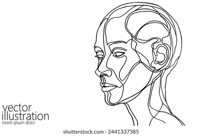  Una línea AI cyborg mujer cara. Asistente inteligente artificial inteligente tecnología de futuro de la computadora. Ilustración aislada del vector del perfil de la muchacha de la silueta del dibujo de una línea