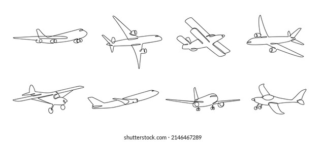 One line airplane. Travel aviation, private plane and airlines linear sketch vector illustration set of flight aviation and aircraft, airplane travel transport