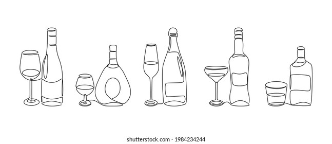 One line alcohol beverage. Glass bottles with strong scotch and glasses of wine, continuous line modern graphic. Vector drinks set