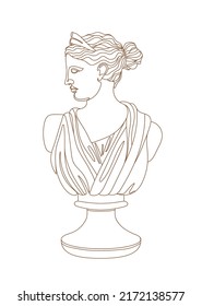 One line Ancient Greek goddess statue. The Diana of Versailles or Artemis classical mythological sculpture. Vector art for design of posters, clothes, logo, invitations.