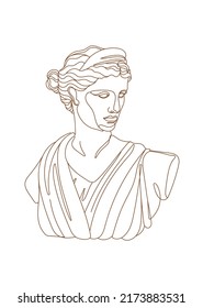 One line Ancient Greek goddess statue. The Diana of Versailles or Artemis classical mythological sculpture. Vector art for design of posters, clothes, logo, invitations.