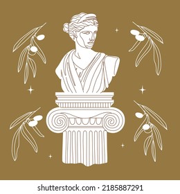 One line Ancient Greek goddess statue with olive branches. Aphrodite or Venus ancient classical statue. Vector art for design of posters, clothes, logo, invitations.