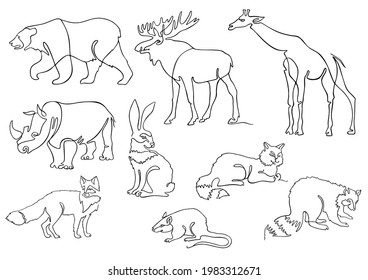 Conjunto de animales de una línea, logos. Dibujo de línea continua animal de ilustración vectorial con jirafa, rinoceronte, oso, alce, rinoceronte, zorro, liebre, racco. Conjunto continuo de animales salvajes. Mono line, simple