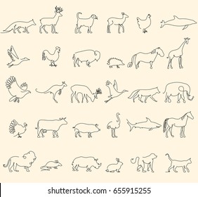 One line animals set, logos. vector stock illustration. Turkey and cow, pig and eagle, giraffe and horse, dog and cat, fox and wolf, dolphin and shark, deer and elephant, stork and chicken.