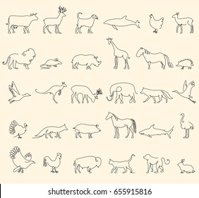 One line animals set, logos. vector stock illustration. Turkey and cow, pig and eagle, giraffe and horse, dog and cat, fox and wolf, dolphin and shark, deer and elephant, stork and chicken.
