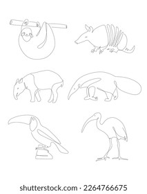 One line animals from South America. Unusual spicies line art. Animal and bird linear Vektor Grafik. Tapir and ant-eater 