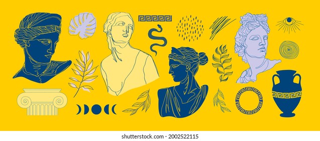 One line Antique statues. Heads of woman, amphora, ornament, snake. Mythical, ancient greek style. Hand drawn isolated Vector illustration. Classic statues in modern style. 