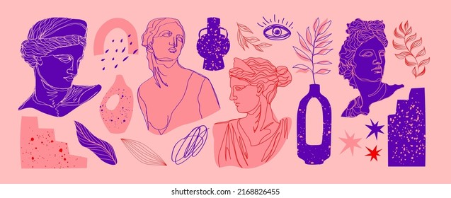 One line Antique statues  Heads woman  amphora  ornament  snake  Mythical  ancient greek style  Hand drawn isolated Vector illustration  Classic statues in modern style 
