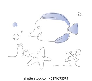 peces acuarios de una línea. dori de vida oceánica Hippo Tang. los peces de mar. ilustraciones de afiches lindos