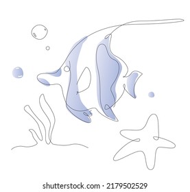 one line aquarium fish. ocean life moorish idol. outline sea fishes. cute poster illustrations
