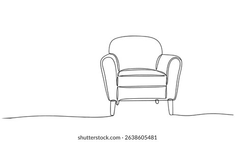 One line armchair illustration. Continuous line drawing minimalist seat design. Home decor furniture interior design relaxation. Gradient purple background line art vector.