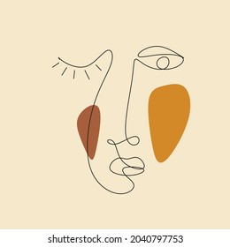 One Line art abstract face. Vector illustration. Trendy abstract portrait . Abstract contemporary art. Cubism linear face. Simple minimal beauty logo. Continuous line drawing. 