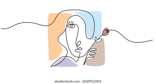 Uma Linha Arte Abstrata Mulher Face Rosa Flor Decoração. Vetor de simplicidade elegante.