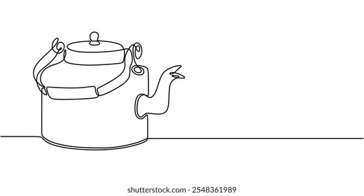 One line art of an antique teapot with a handle, symbolizing classic tea rituals and vintage design in a minimalist style.