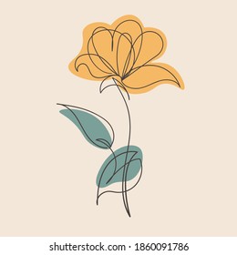 One line art. Beautiful flowers continuous line art with colored spots. Abstract minimal hand drawing sketch. Vector illustration