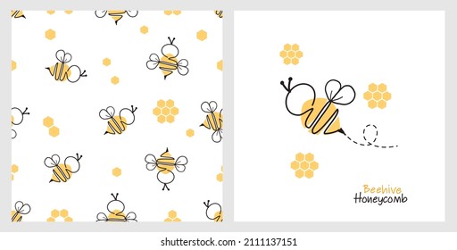 One line art bee cartoons seamless pattern and abstract beehive honeycomb white background  Bee logo vector illustration 