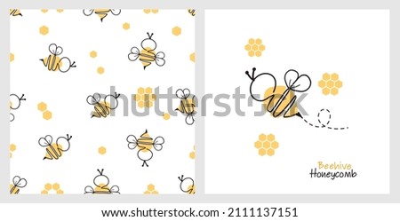 One line art of bee cartoons seamless pattern with abstract beehive honeycomb on white background. Bee logo vector illustration.