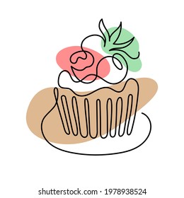 Сontinuous one line art of cake with berries. Hand drawn logo. Cafe and bakery concept. Vector illustration isolated on white background.