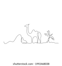 One line art camel on the desert vector illustration