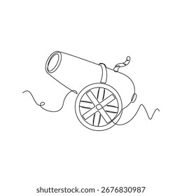 una línea de arte Cañón Arma Ilustración vectorial. línea de arte, una línea continua, simple, dibujado a mano y estilo de boceto. para iconos, símbolos, signos o logotipos
