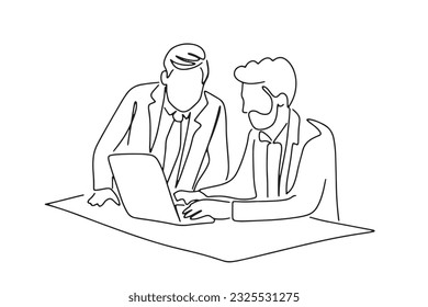 one line art character couple working together on computer consult each other hand-drawn illustration vector