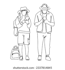 one line art character couple tourist backpacking looking at cell phone travel hand drawn line art illustration vector