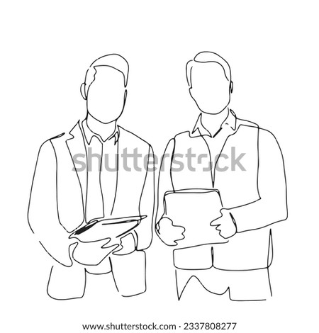 one line art character couple working together on a computer consult each other business concept mentor team meeting care hand-drawn illustration vector