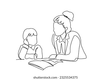 one line art character mother or teacher sitting and teaching children homework learning care about education
  hand-drawn illustration vector