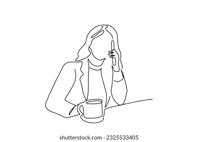 one line art character woman holding coffee drink during working time rest
  hand-drawn illustration vector