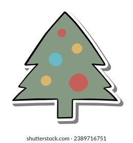 One Line Art Christmas Tree with Green and Colors Ball on white silhouette and gray shadow. Vector illustration for decoration or any design.