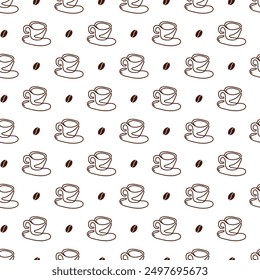 One Line Art Coffee Mugs and Beans Pattern Design. Perfect for coffee-themed designs, packaging, cafe menus, social media graphics, and more, this seamless pattern adds a touch of warmth and elegance 