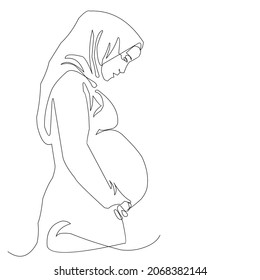 One line art continue skecth drawing big pregnant Muslim woman holding belly illustration background vector