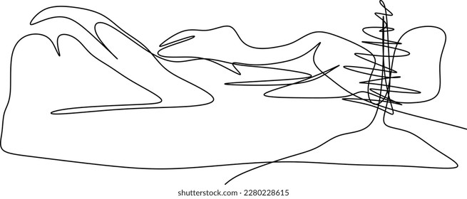 One line art. continues line art. hand-drawn sketch of a nature landscape with a pencil