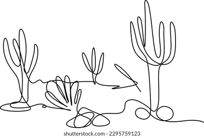 one line art. one continues hand-drawn nature landscape of cactus in the desert	
