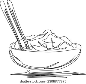 One line art. one continuous line art of food in the bowl with chopsticks	
