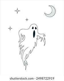 One line art continuous. Ghost single line. Creepy flying ghost. Outline hand drawing. Minimal doodle illustration. Spooky Halloween. Spirit outline simple illustration. Night sky.