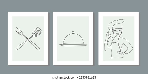 One line art cooking, cooker food service set. Wall art four frame cooker hat, knife with cooking mitt. One-line drawing kitchen set. Poster, tote bag mobile bag t-shirt print. Continuous line drawing