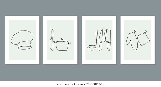 One line art cooking set. Wall art four frame pan, cooker hat, knife with cooking mitt. One-line drawing kitchen set. Poster, tote bag mobile bag, t-shirt, print. Continuous line drawing simple style
