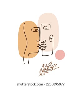 One line art couple faces, abstract line art woman and man vector face drawn in minimalist style. One continuous line drawing people head illustration for Valentines Day, couple kissing, love poster.