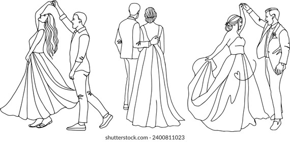 One line art couple in love wedding, the dance of the bride and groom